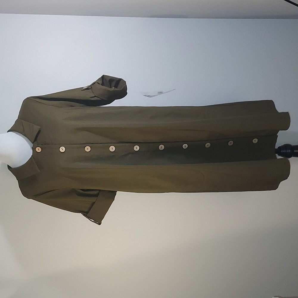 Nina Leonard Dark Olive Button Up Stretch Midi 3/4 Sleeve Dress Size Large NWT